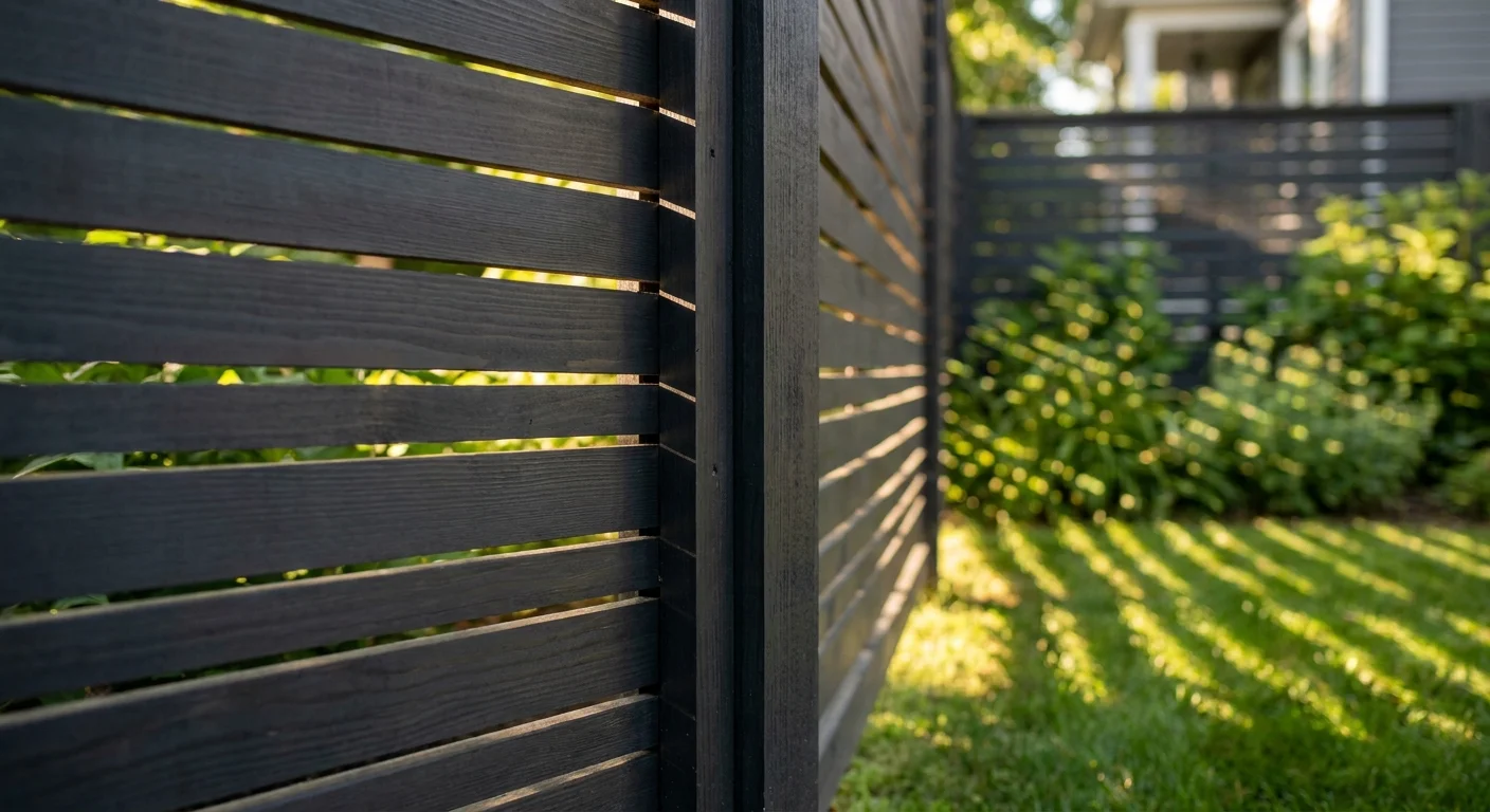 A modern privacy screen made of horizontal cedar slats with a dark charcoal stain and narrow gaps.