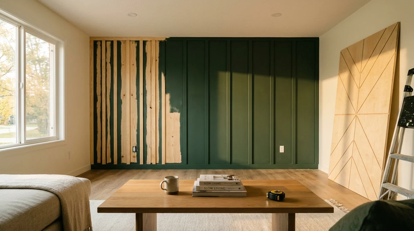 A partially finished green board and batten wall in a stylish living room with natural light and wooden accents.