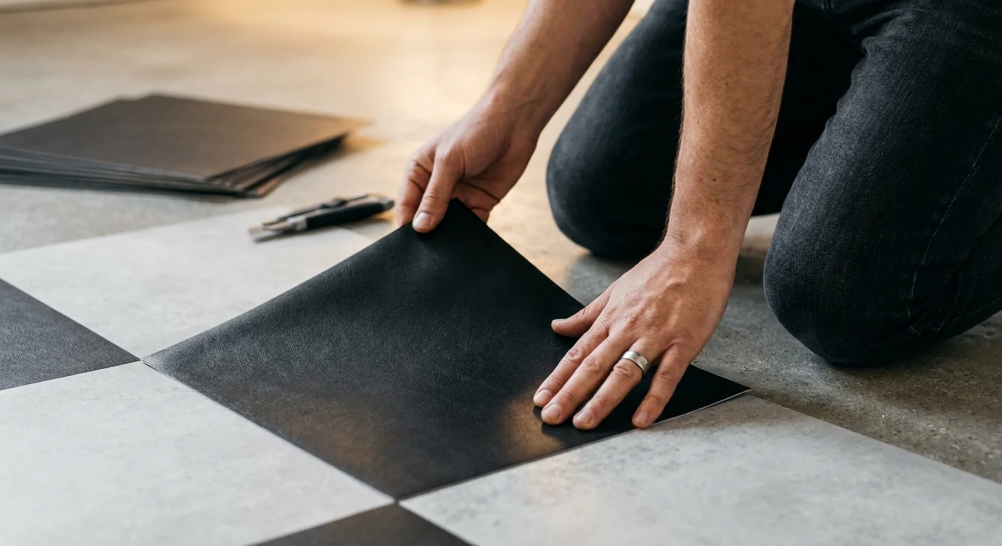 A person kneeling on a floor to carefully install black and white peel-and-stick checkerboard tiles.