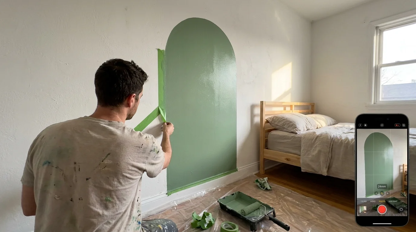 A person peeling painter's tape to reveal a sharp edge on a newly painted sage green wall arch.