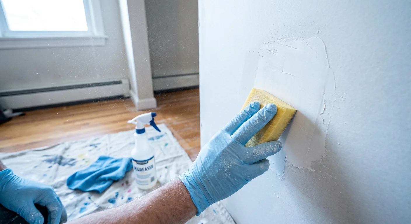 A person sanding a wall patch with a yellow block, preparing the surface for paint.