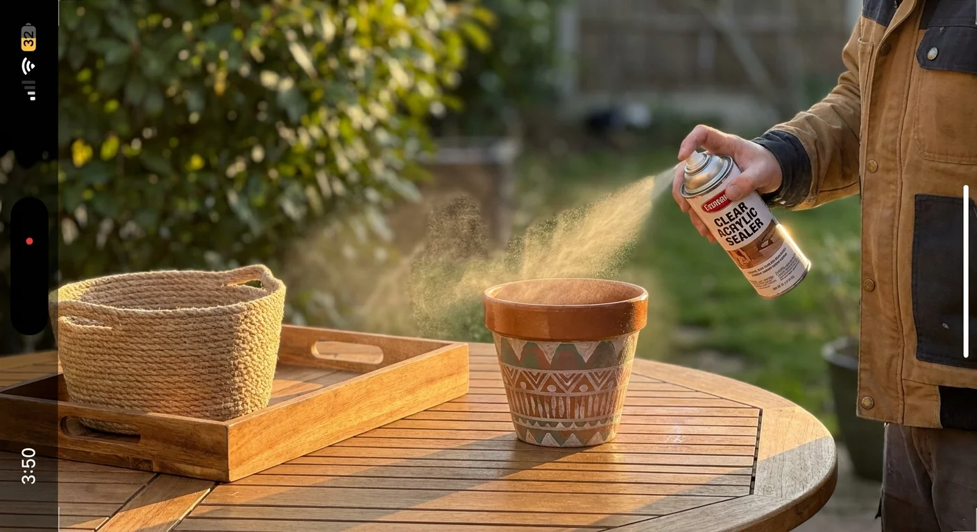 A person spraying a clear sealer onto finished DIY projects on an outdoor table.