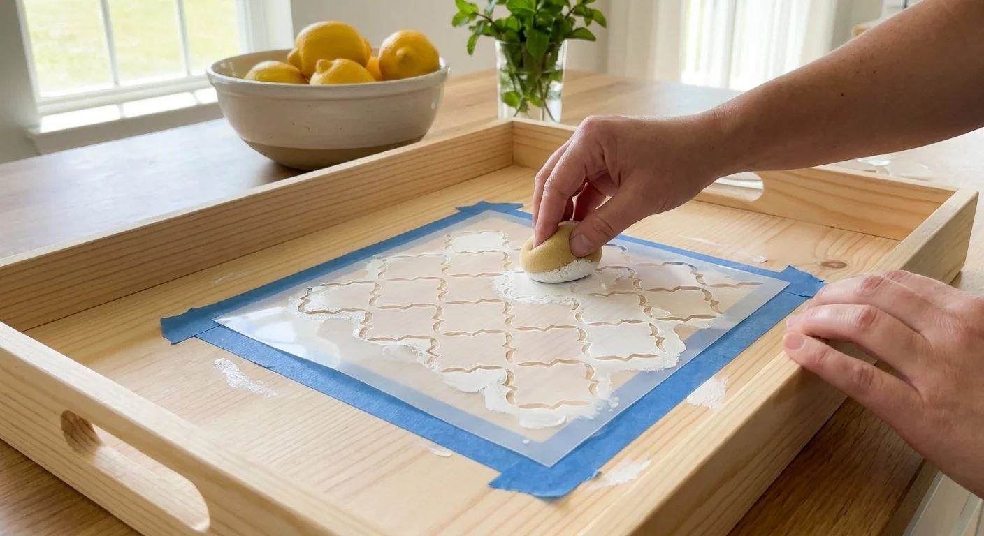 A person using a sponge brush to paint a stencil pattern onto the bottom of a wooden tray.