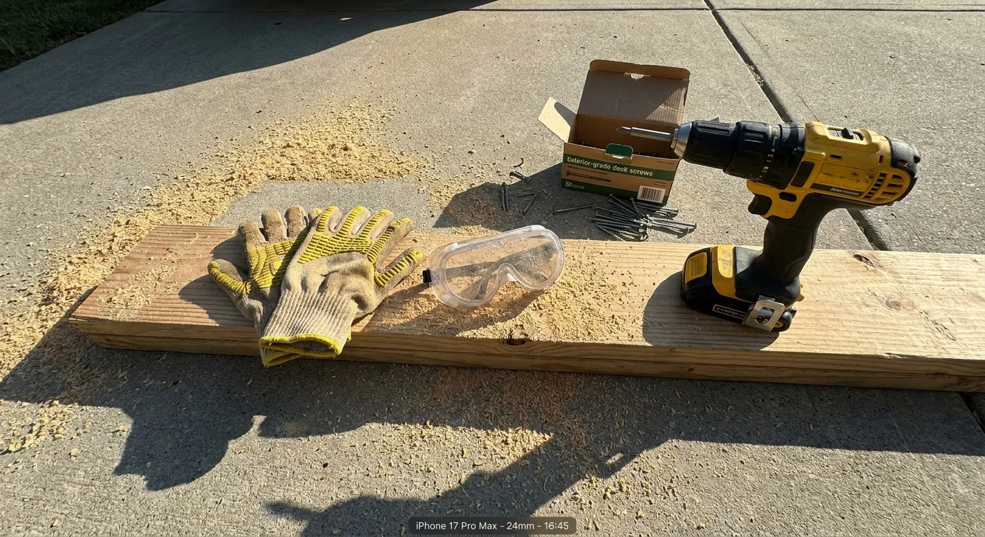 A power drill, deck screws, and safety gear laid out on a wooden board on a concrete surface.