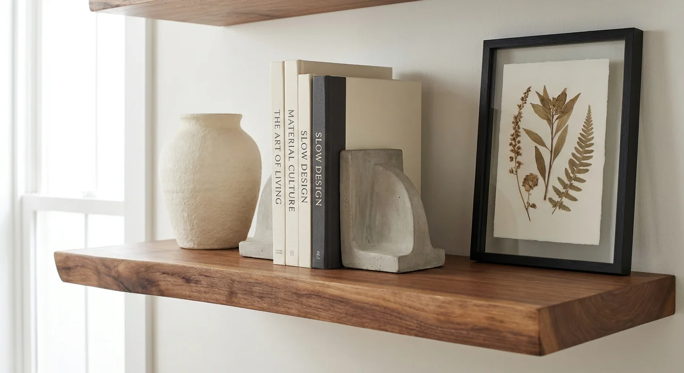 A professionally styled shelf featuring various DIY decor items in a cohesive, high-end display.