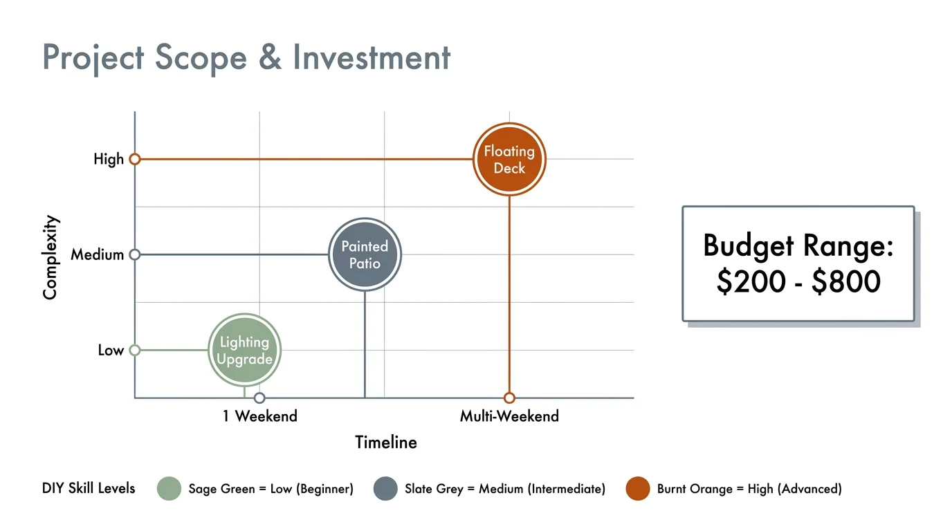 A project planning diagram showing the budget range of $200 to $800 and comparing different outdoor DIY tasks.