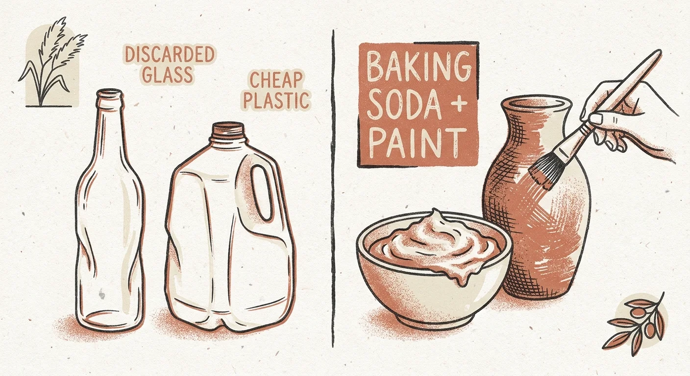 A Risograph illustration showing the process of mixing baking soda and paint to create textured faux ceramic vases.