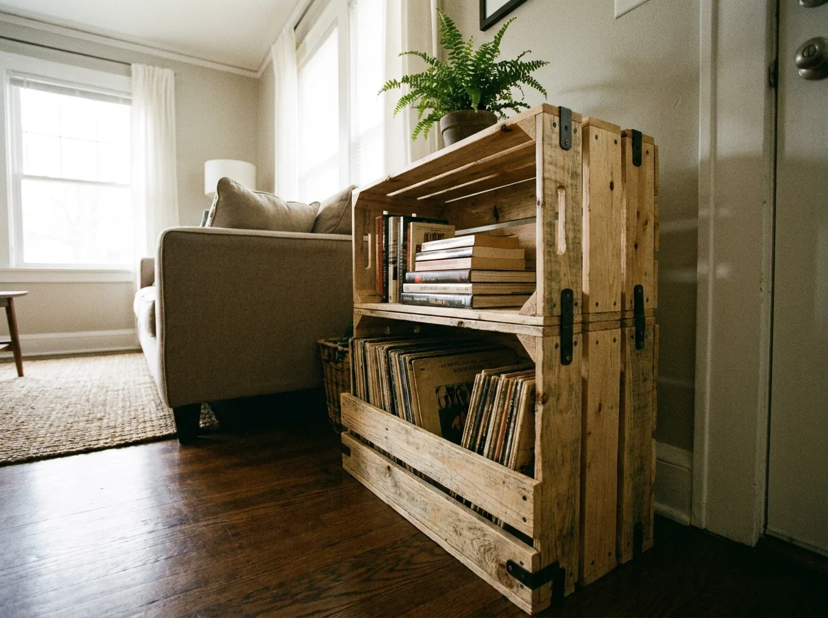 A rustic shelving unit made from stacked wooden crates holding books and a plant.