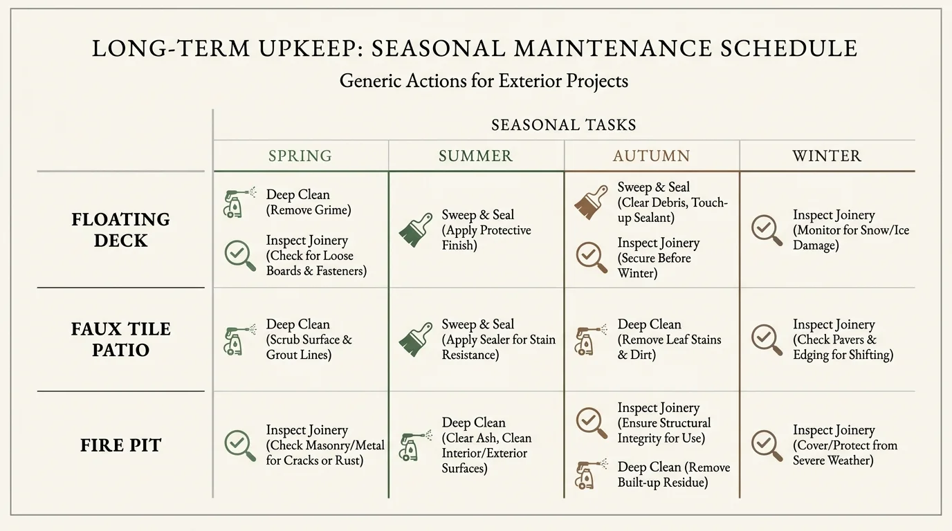 A seasonal maintenance chart for outdoor projects like decks and fire pits, showing tasks for each season.