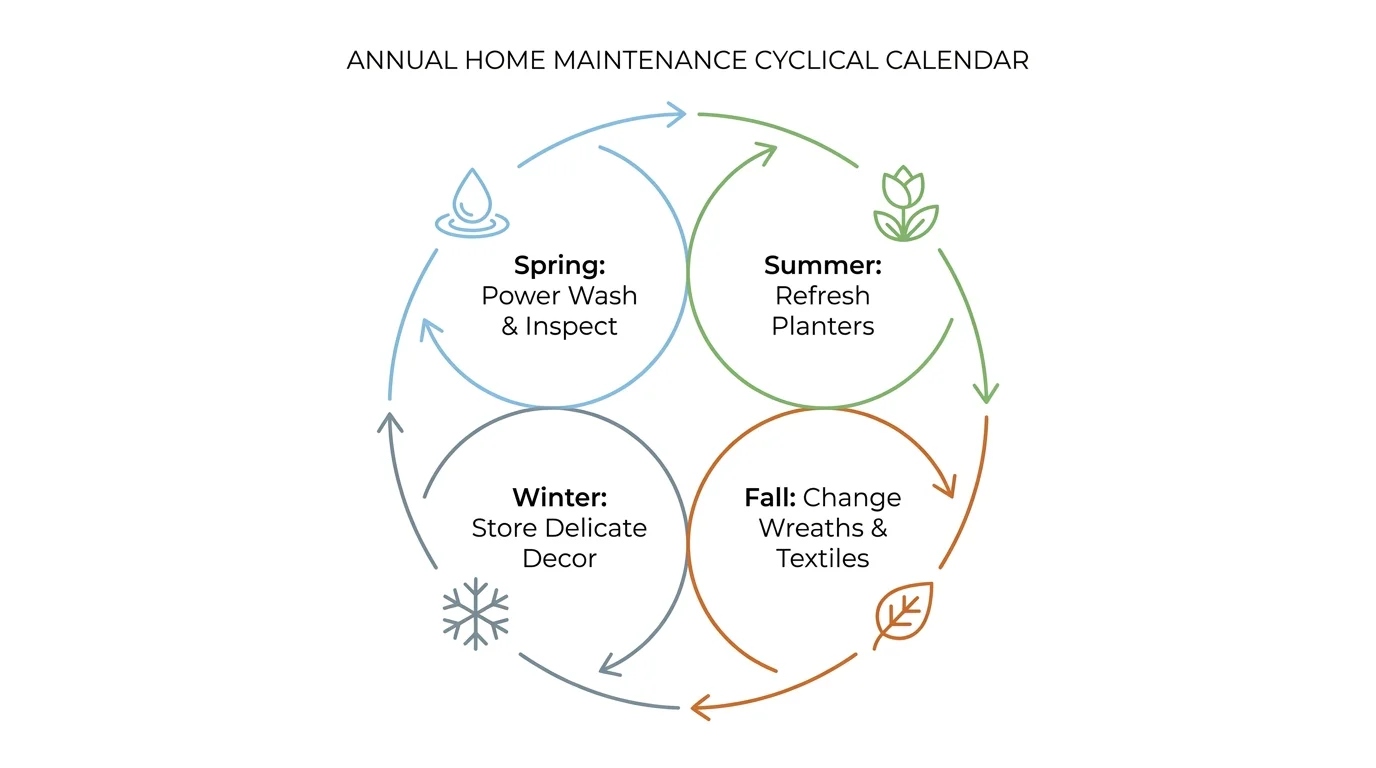 A seasonal maintenance diagram showing porch upkeep tasks for Spring, Summer, Fall, and Winter.