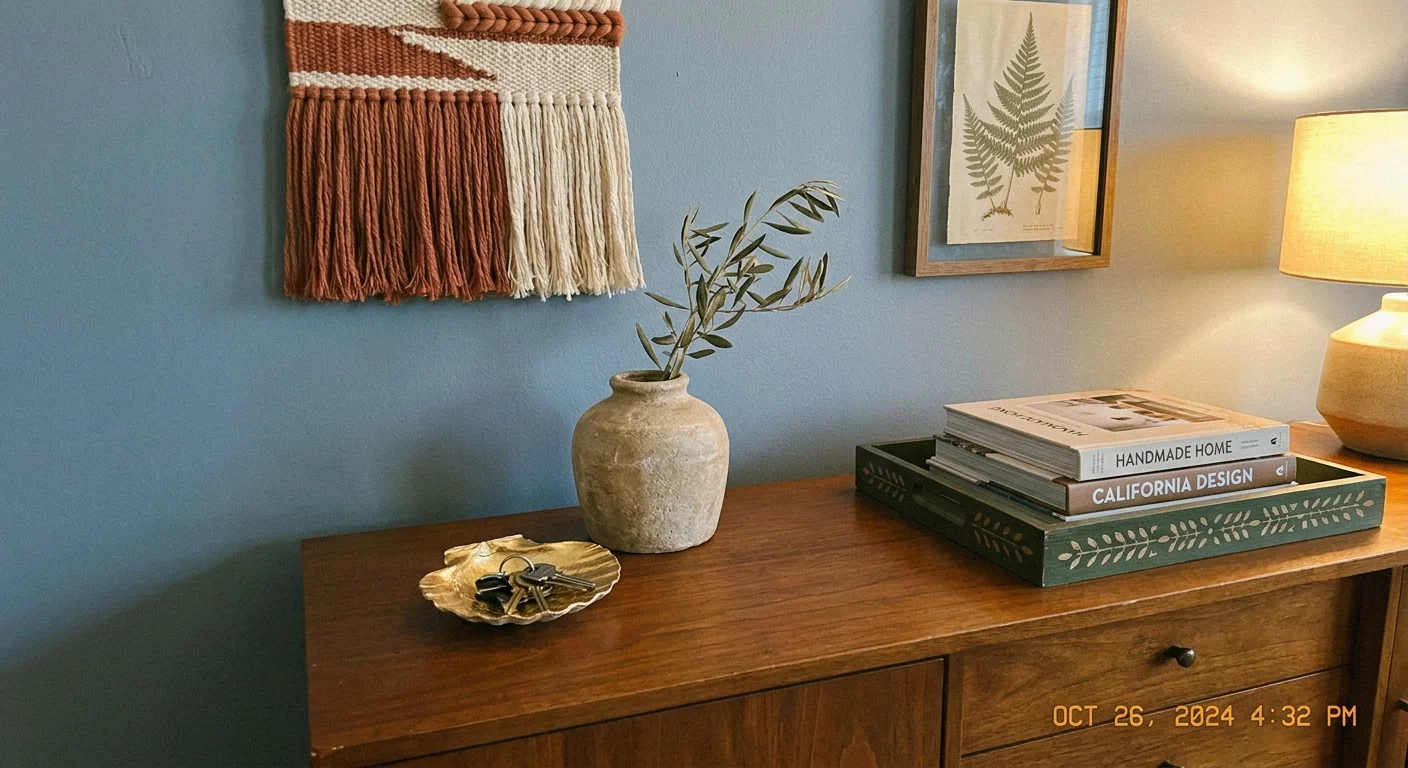 A sideboard styled with several handmade DIY projects, showing how they look in a decorated home.