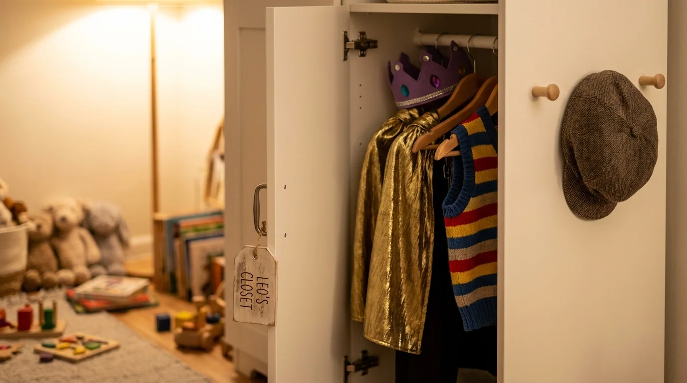 A small white wooden wardrobe filled with colorful children's costumes in a sunlit bedroom.