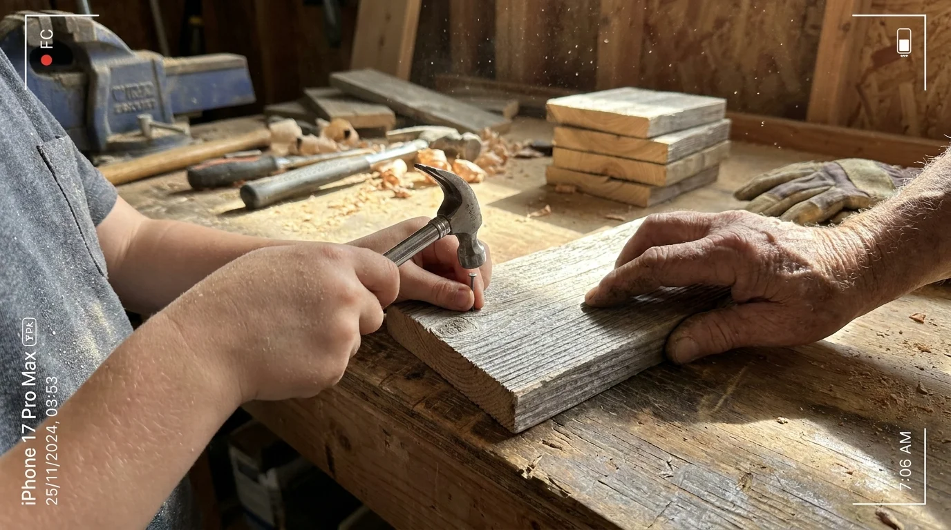 A snapshot of a child and adult working together to hammer nails into a small wooden birdhouse on a garage workbench.