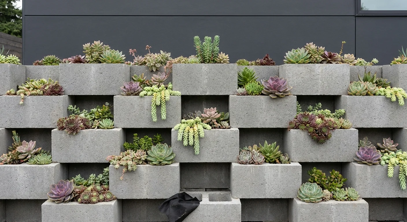 A staggered cinder block wall used as a multi-level planter for a variety of colorful succulents.