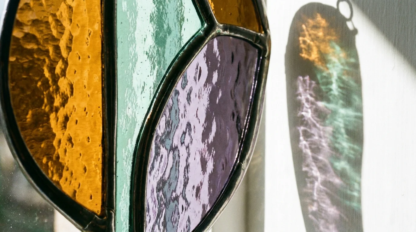 A stained glass suncatcher with geometric shapes hanging in a window, casting colorful light onto a wall.