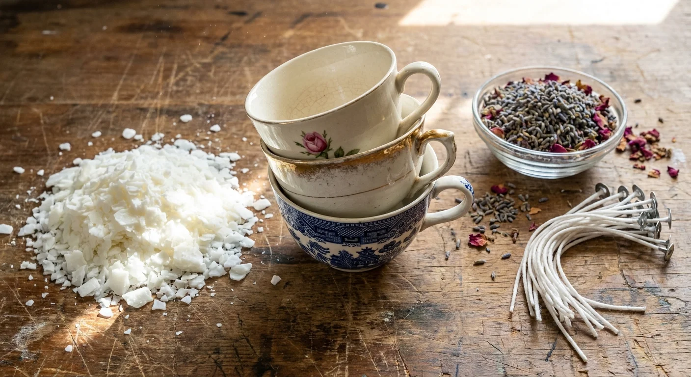 A still life of soy wax flakes, vintage teacups, cotton wicks, and dried flower petals on a wooden surface.
