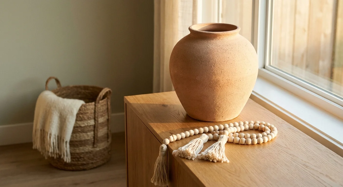 A styled home interior featuring a textured DIY vase, a wooden bead garland, and a jute rope basket in a sunlit room.