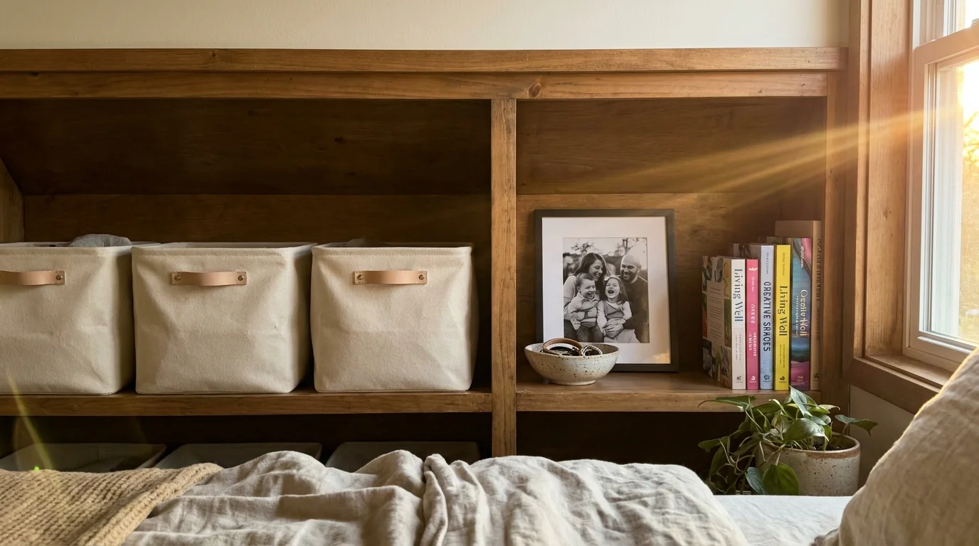 A styled shelf featuring DIY bins alongside personal photos and decorative items.