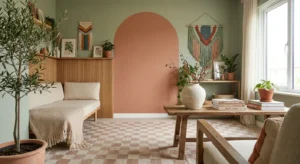 A stylish living room featuring a terracotta painted arch, a wooden slat wall, and a checkerboard floor pattern.