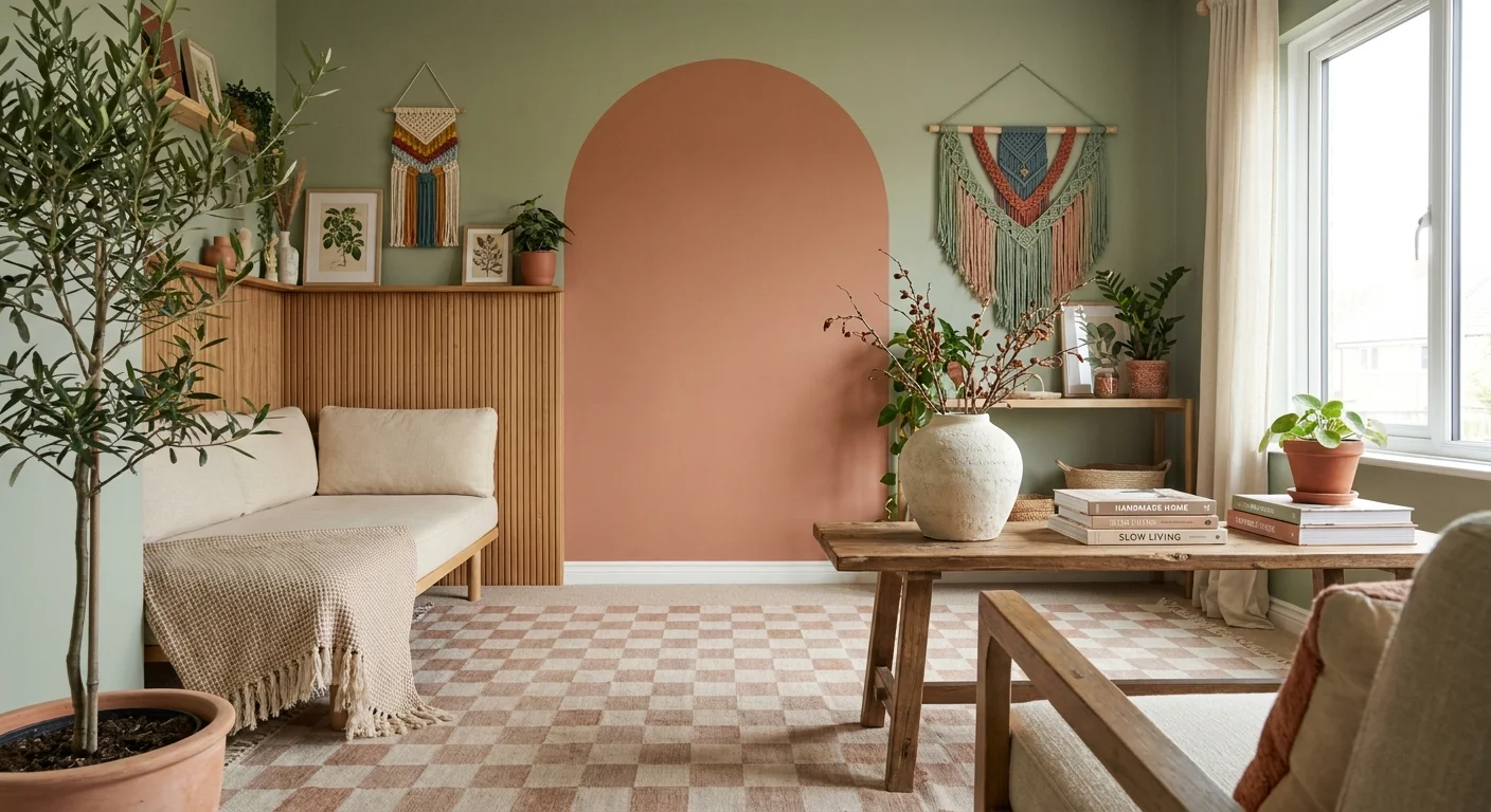 A stylish living room featuring a terracotta painted arch, a wooden slat wall, and a checkerboard floor pattern.