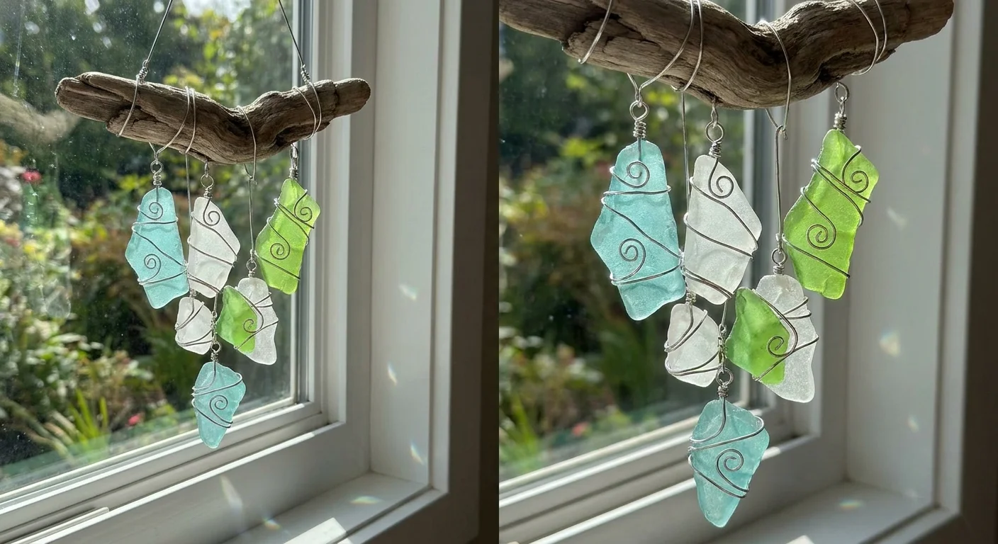 A sun catcher made of wire-wrapped sea glass hanging from driftwood in a sunlit window.