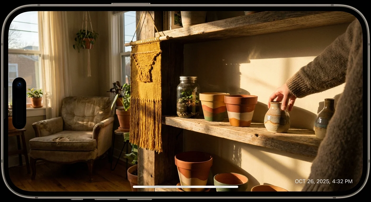 A sun-drenched living room corner featuring handmade DIY decor projects like painted pots, a terrarium, and a yarn wall hanging.