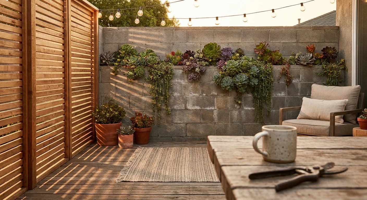 A sun-drenched outdoor patio featuring a cinder block succulent wall and a cedar privacy screen during golden hour.