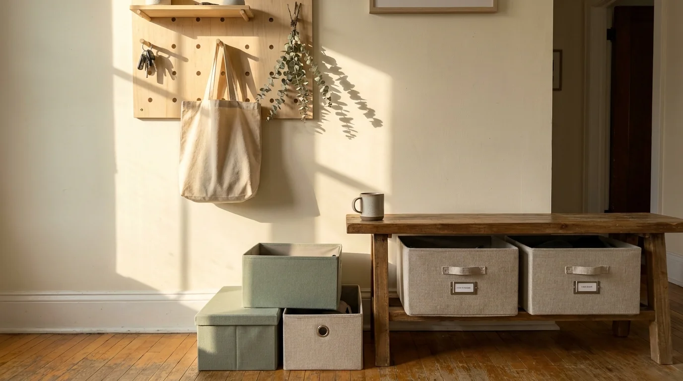 A sunlit entryway featuring a DIY pegboard organizer and fabric-wrapped storage bins in a realistic home setting.