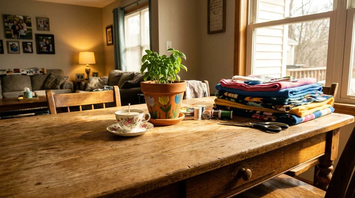 A sunlit kitchen table filled with various DIY projects including a painted herb pot, a teacup candle, and craft supplies.