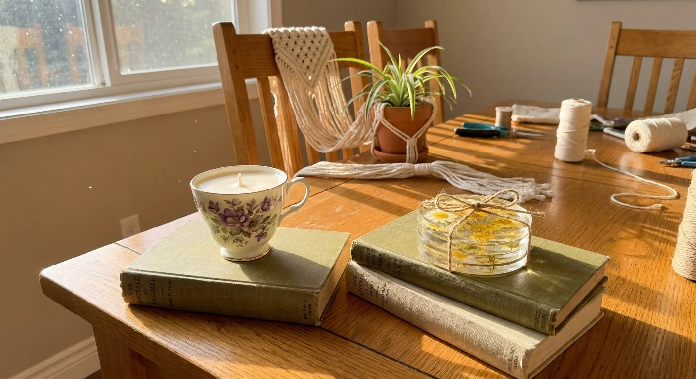 A sunlit wooden table featuring a handmade teacup candle, resin coasters, and a macrame plant hanger in a cozy home setting.