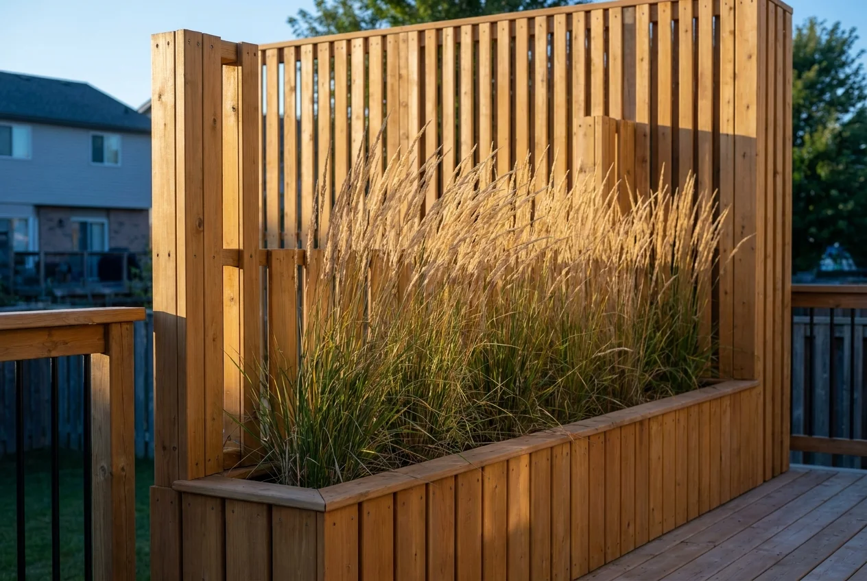 A tall cedar wood privacy screen with a planter box at the bottom containing tall ornamental grasses.