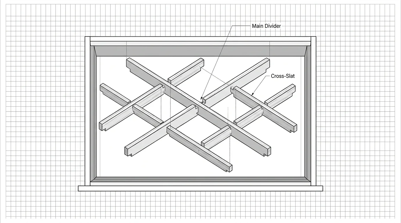 A technical diagram showing how wooden slats interlock to create custom drawer dividers.