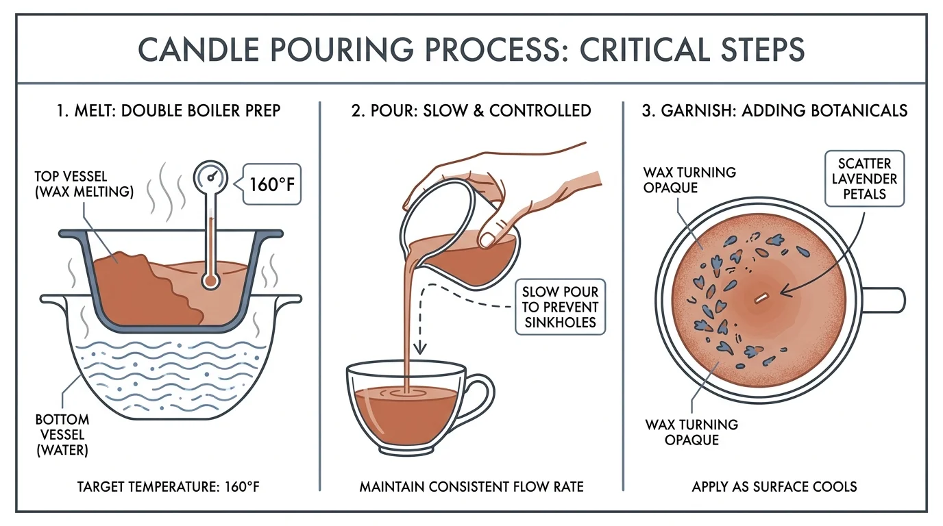 A technical diagram showing the wax melting temperature of 160 degrees and the pouring process into a teacup.