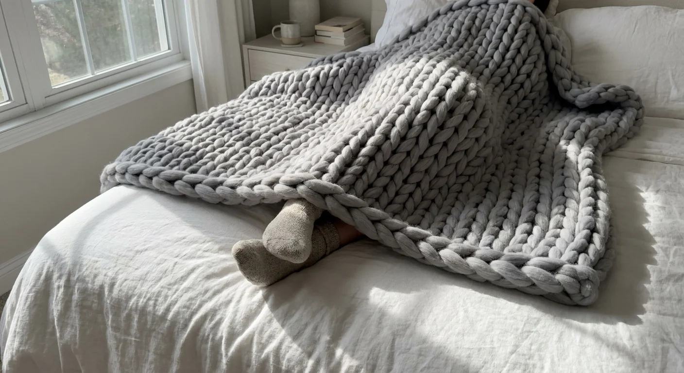 A thick, grey arm-knit throw blanket with massive stitches draped over a bed.