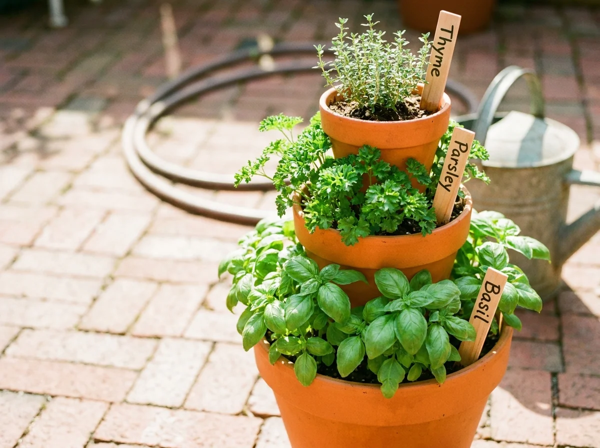 A three-tier terra cotta pot tower planted with basil, parsley, and thyme on a brick patio.