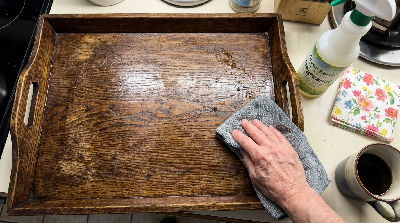 A top-down photo of an old wooden tray being cleaned in preparation for a decoupage project.