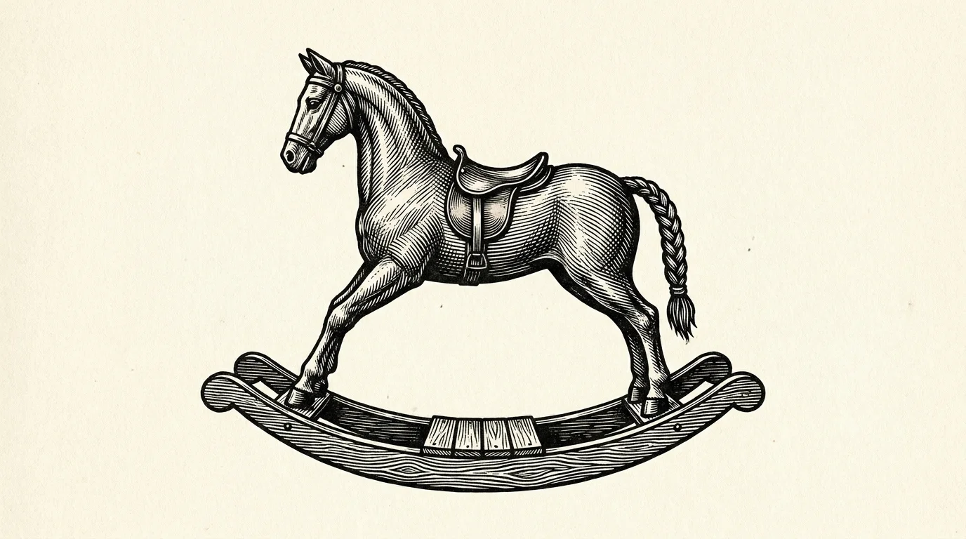 A traditional black and white woodcut illustration of a handcrafted wooden rocking horse.