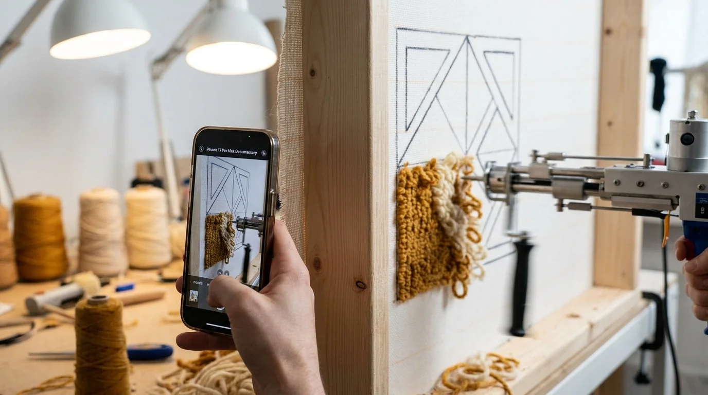 A tufting gun punches thick yarn into a large frame to create a custom geometric area rug.