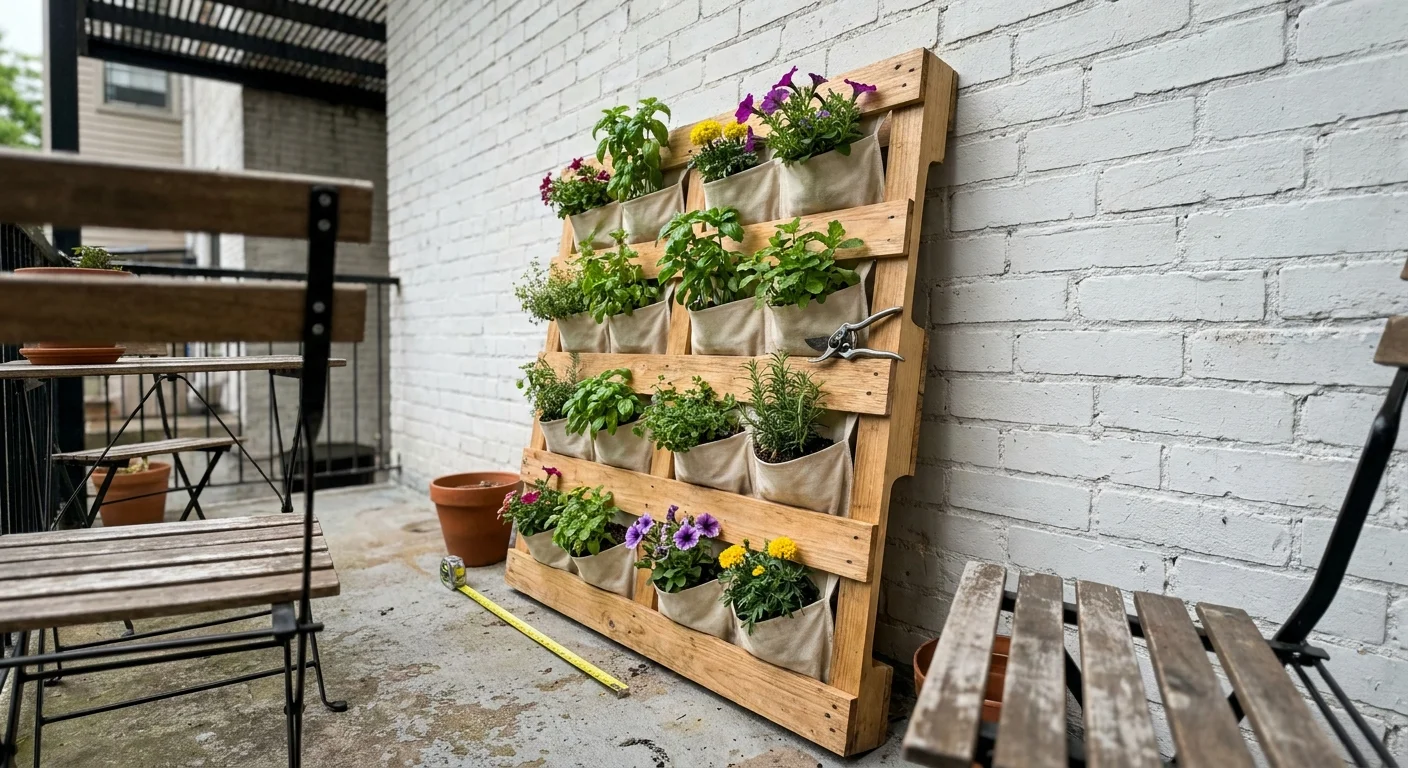 A vertical wooden pallet converted into a planter, leaning against a white brick wall on a balcony.