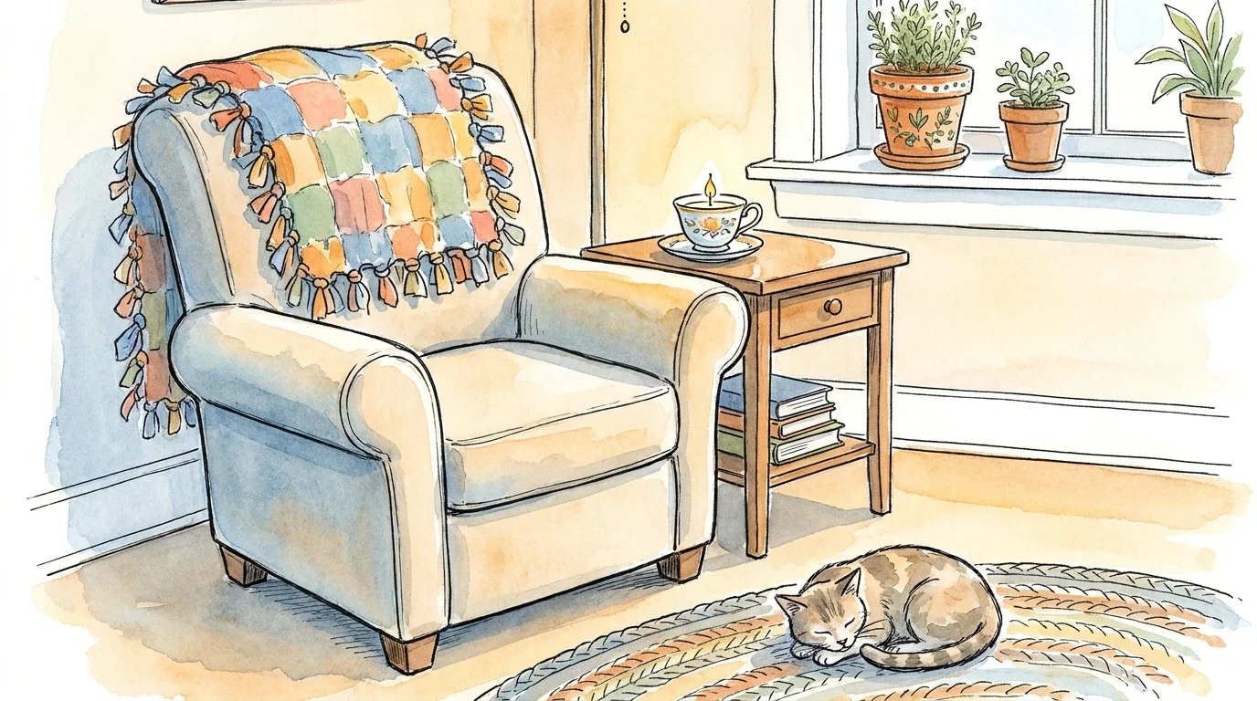 A warm watercolor illustration of a living room styled with handmade blankets, candles, and plants.