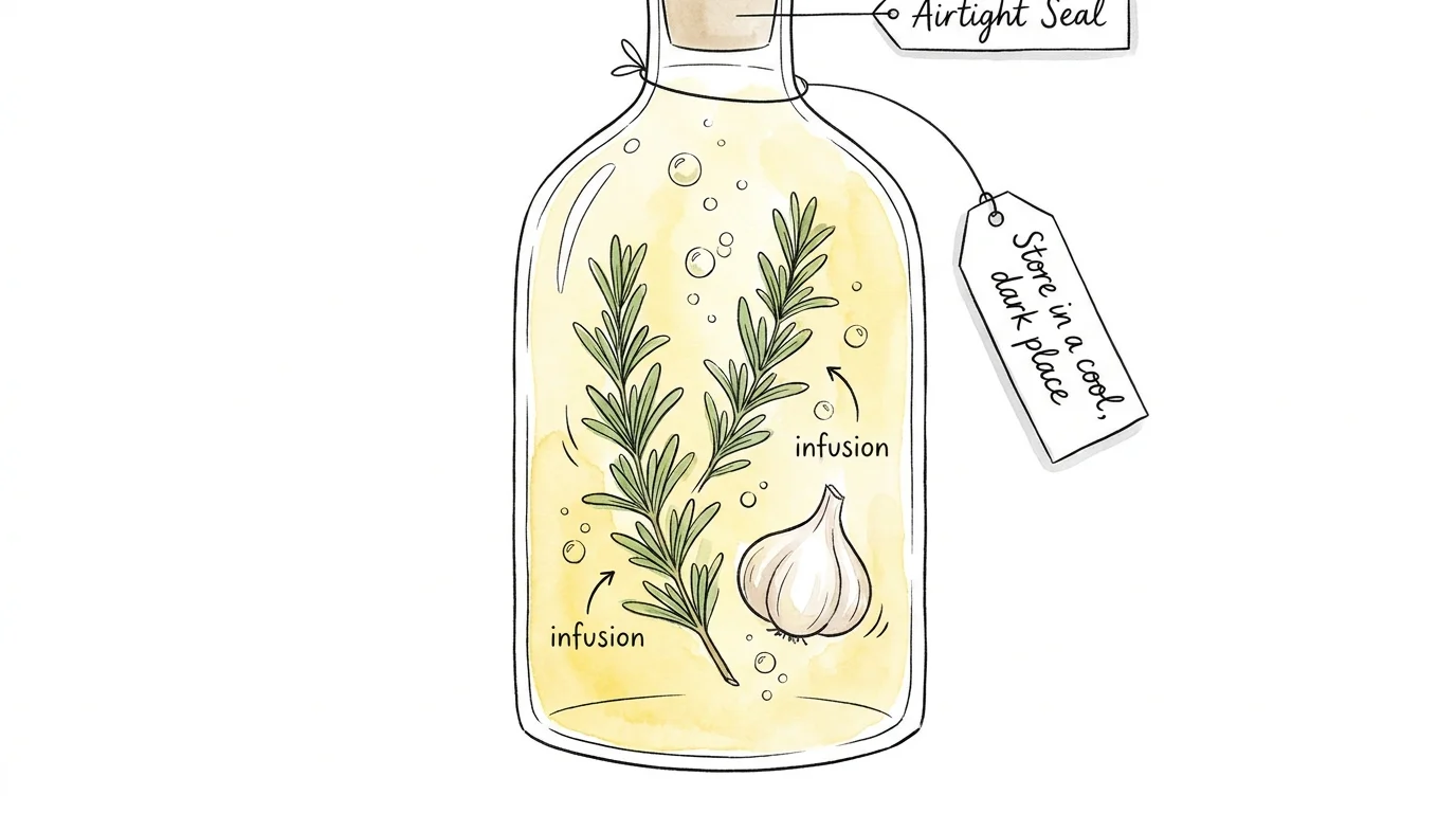 A watercolor cross-section illustration of an oil bottle with rosemary and garlic, labeled 'Airtight Seal'.
