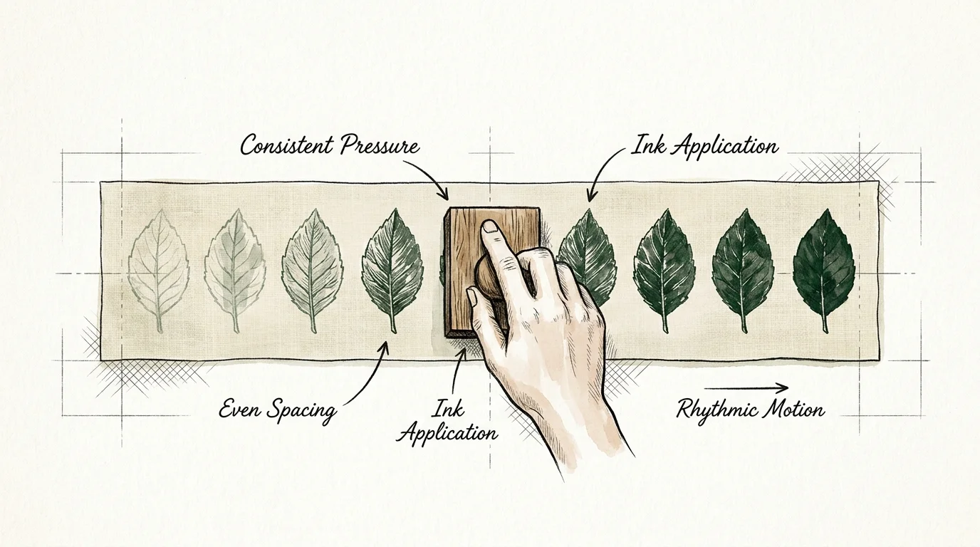 A watercolor illustration of a hand stamping a leaf pattern onto a long piece of linen fabric.
