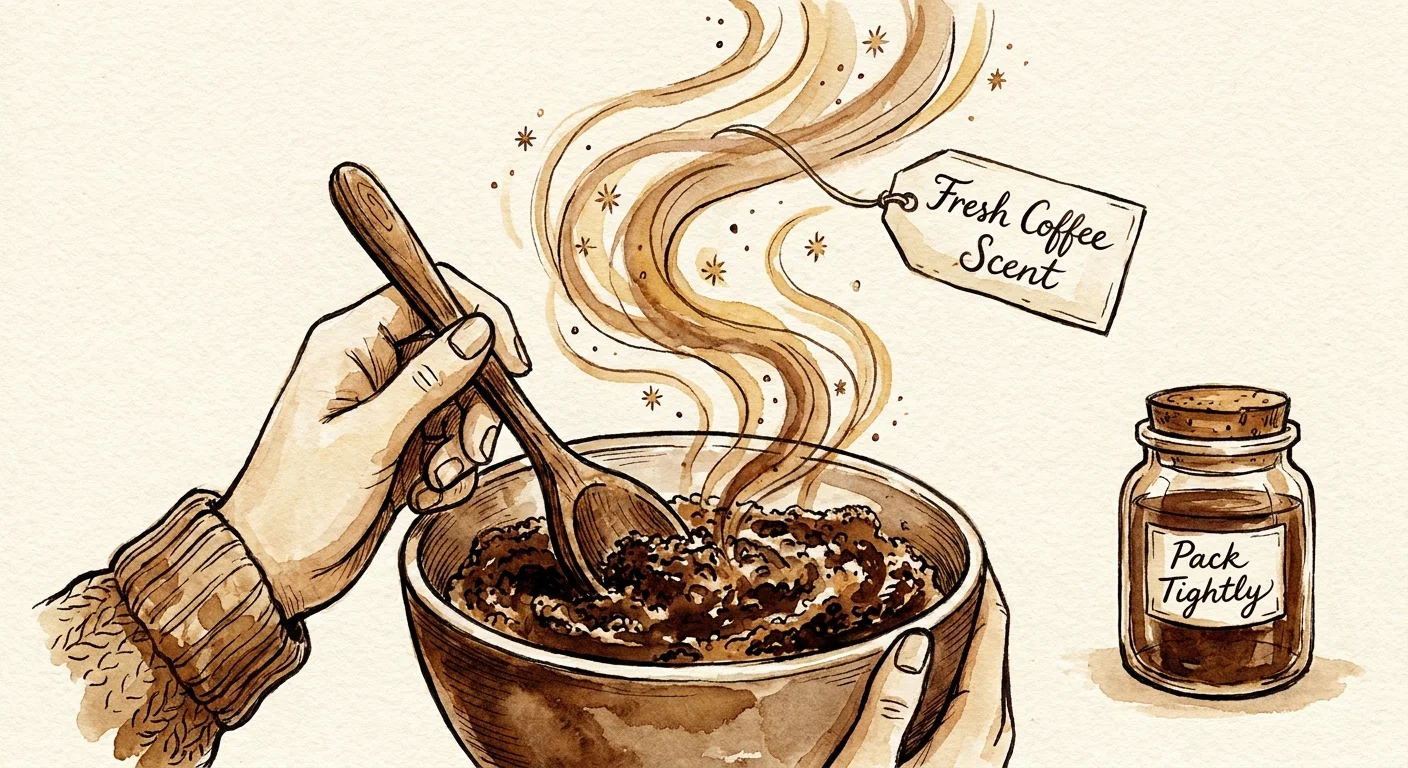 A watercolor illustration of a hand stirring a bowl of coffee scrub with aromatic swirls.