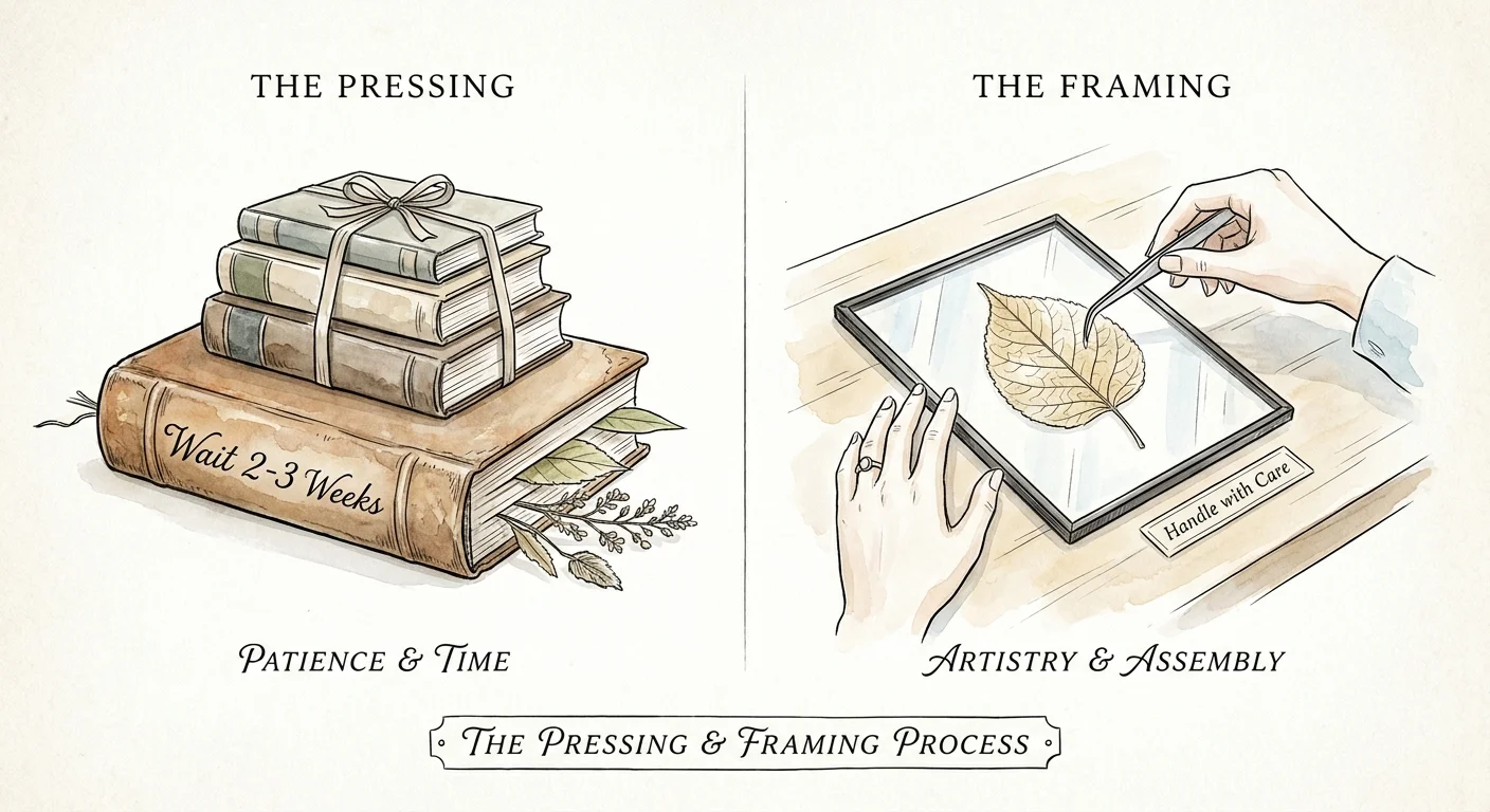 A watercolor illustration of a stack of books for pressing plants and a hand framing a dried leaf.