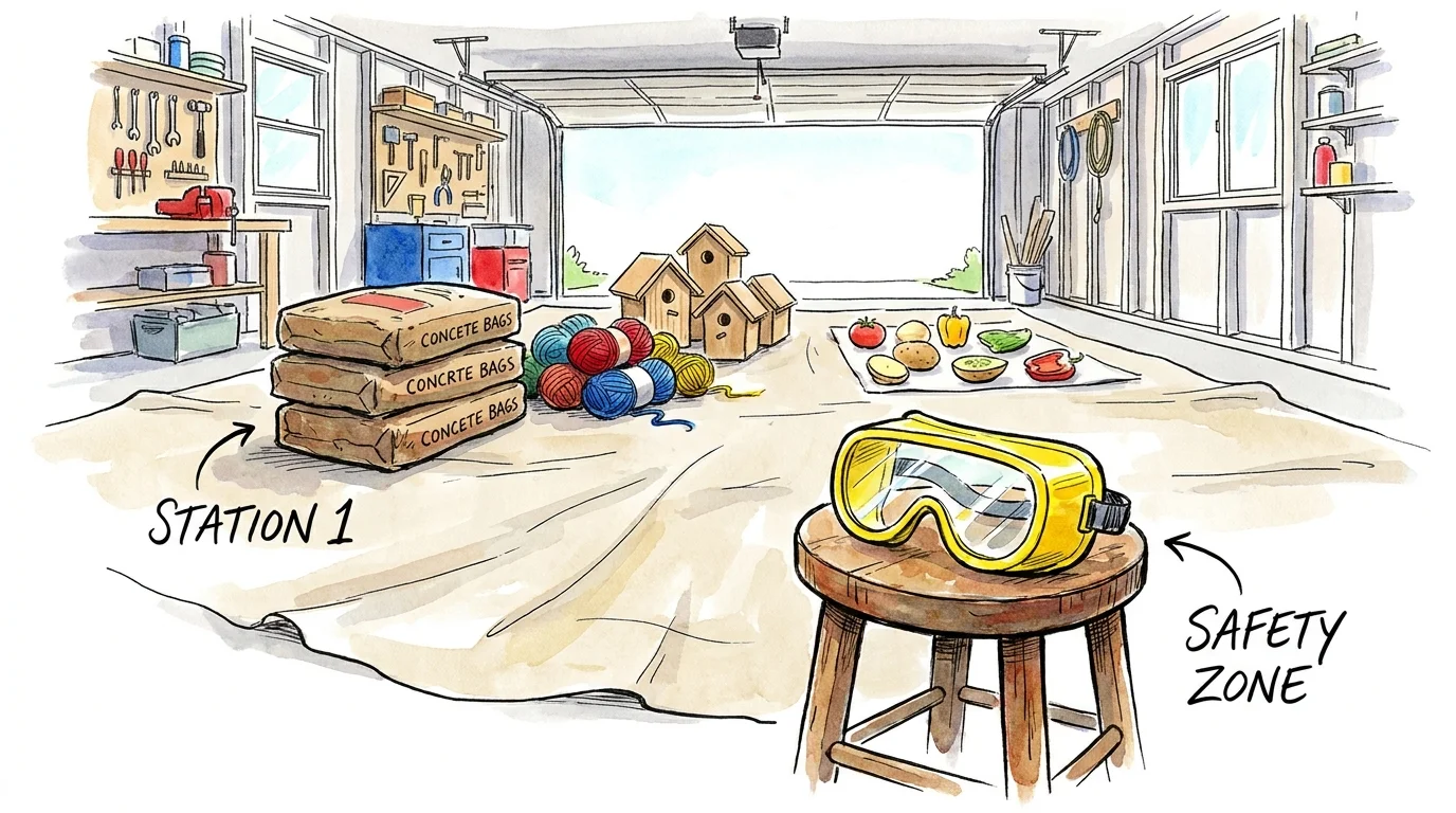 A watercolor illustration of an organized garage workspace with a canvas drop cloth and stations for different craft projects.