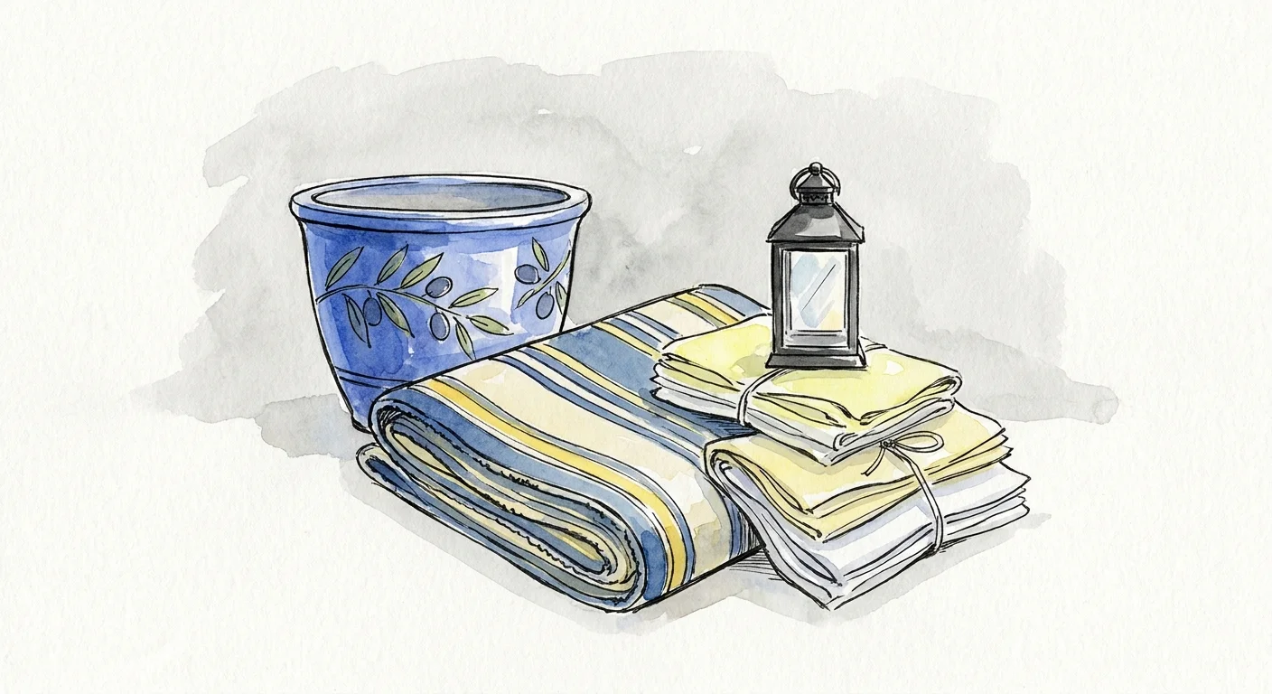 A watercolor illustration of outdoor styling elements like a blue planter, a rug, and a lantern.