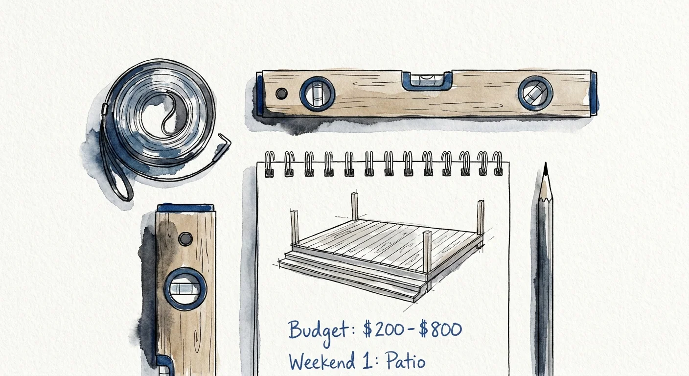 A watercolor illustration of planning tools like a tape measure and a notepad with budget notes.