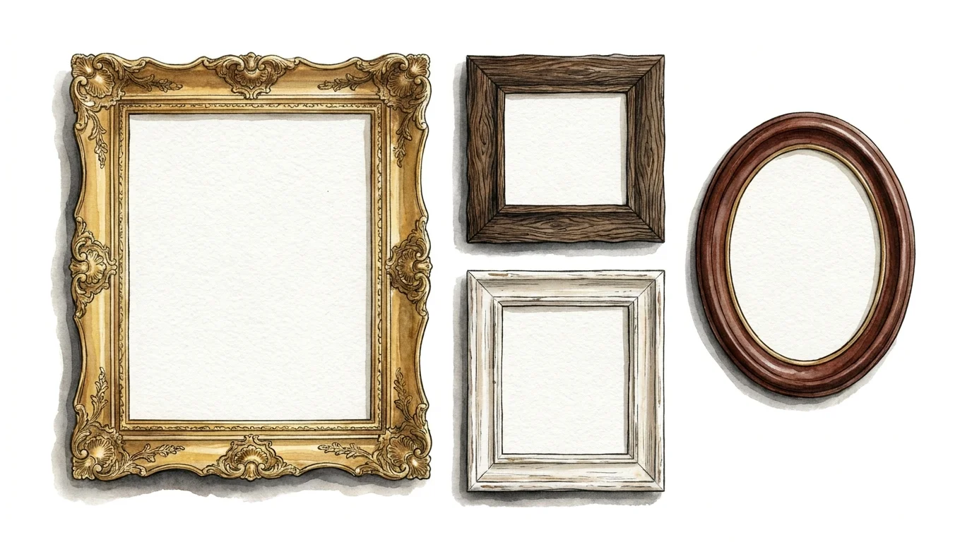 A watercolor illustration of various restored antique picture frames arranged as a gallery wall.