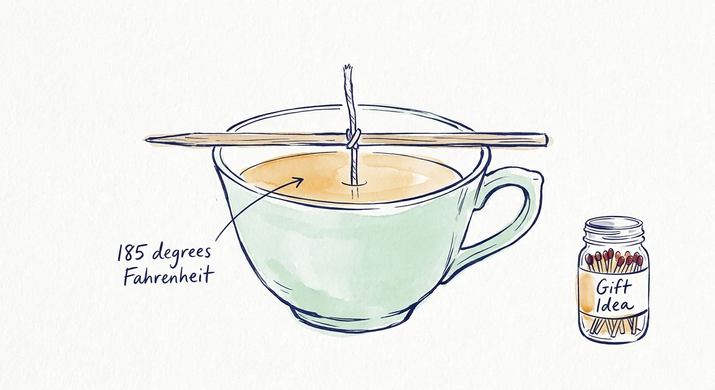 A watercolor illustration showing a wick held by a skewer over a teacup, with a label reading 185 degrees Fahrenheit.
