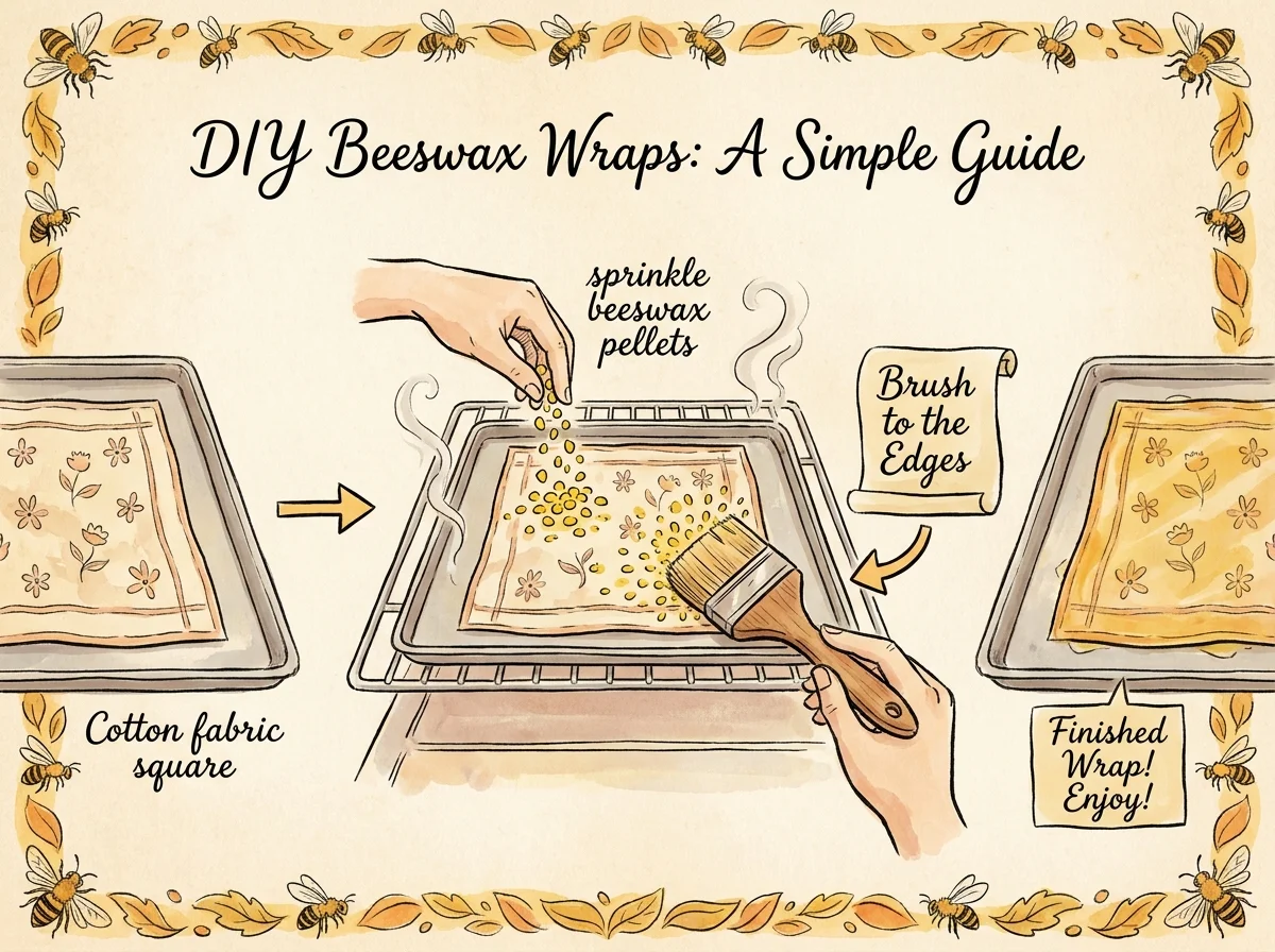 A watercolor illustration showing wax pellets being sprinkled on fabric and brushed to the edges.